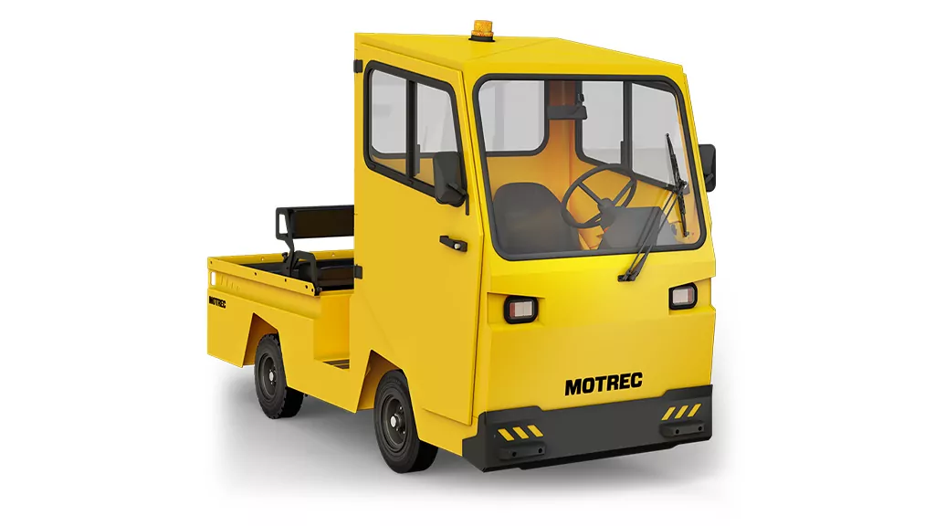 Yellow Motrec MC-480 Burden Carrier utility vehicle with cab.