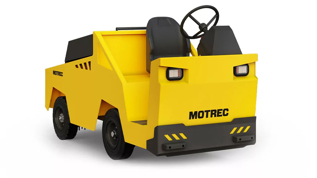 Front angle of Motrec MT-440 Narrow Tow Tractor utility vehicle.