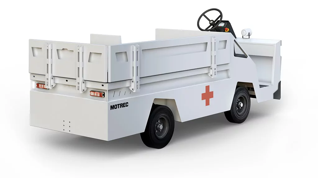 Back angle of Motrec MX-480 ambulance vehicle.