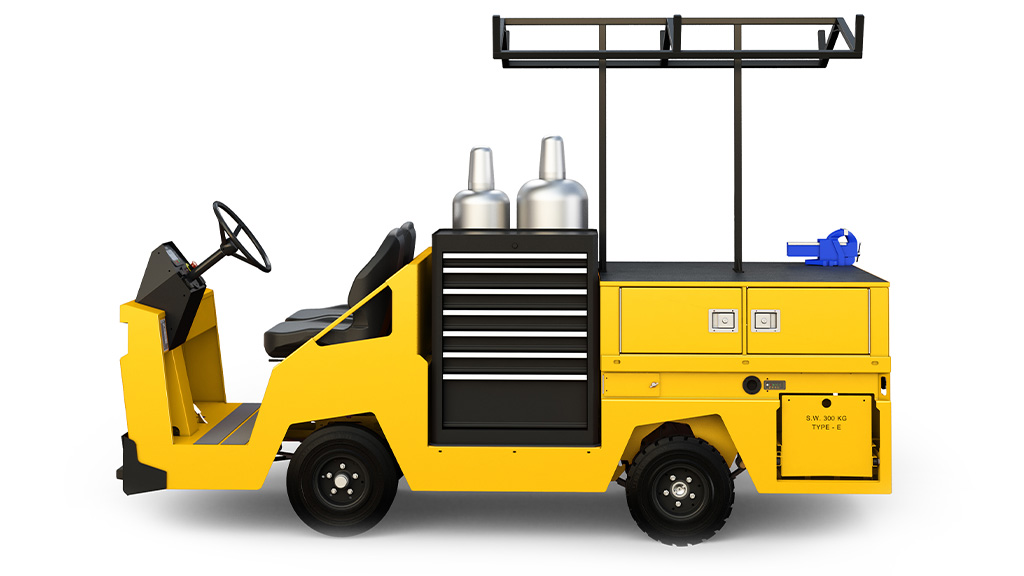 Side of Motrec MX-480 maintenance truck with toolbox.