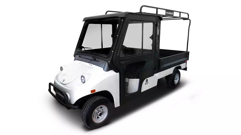 Columbia Utilitruck with cab and custom poles on bed.