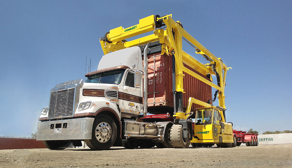 Combilift SC3 Telescopic Toplift straddle carrier handling containers.