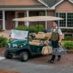 Man carrying luggage he got off the Cushman Shuttle 4 burden carrier cargo bed.