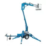 Genie TZ-34/20 trailer-mounted boom lift, partially extended.