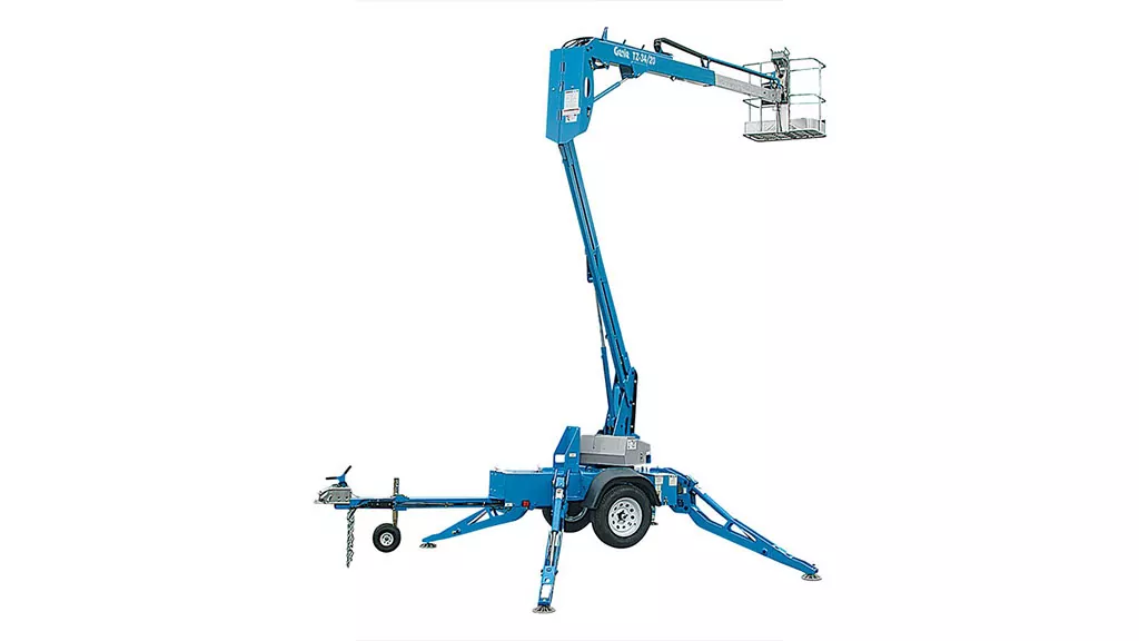 Genie TZ-34/20 trailer-mounted boom lift, partially extended.