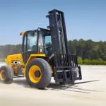 JCB 950 rough terrain forklift driving on sand.