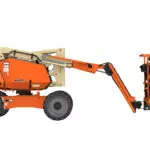 Side of JLG 340AJ Articulating Boom Lift with bucket down.