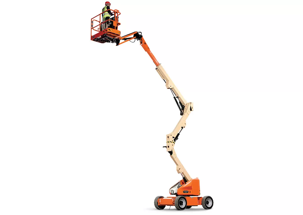JLG E400AJPN electric articulating boom lift, platform raised.
