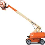 JLG 600S telescopic boom lift, bucket raised.