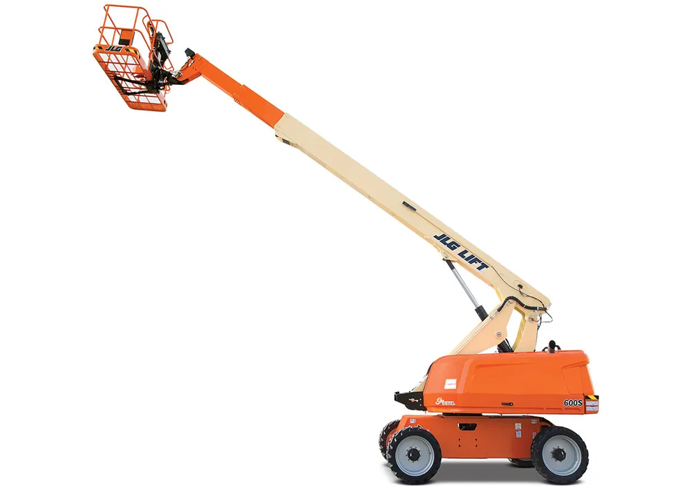 JLG 600S telescopic boom lift, bucket raised.