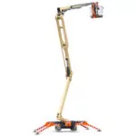 Extended JLG X770AJ compact crawler boom lift.