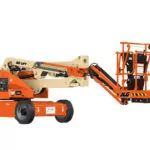 JLG E450AJ electric articulating boom lift with platform lowered.