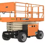 Side angle of lowered JLG ERT3369 electric rough terrain scissor lift.