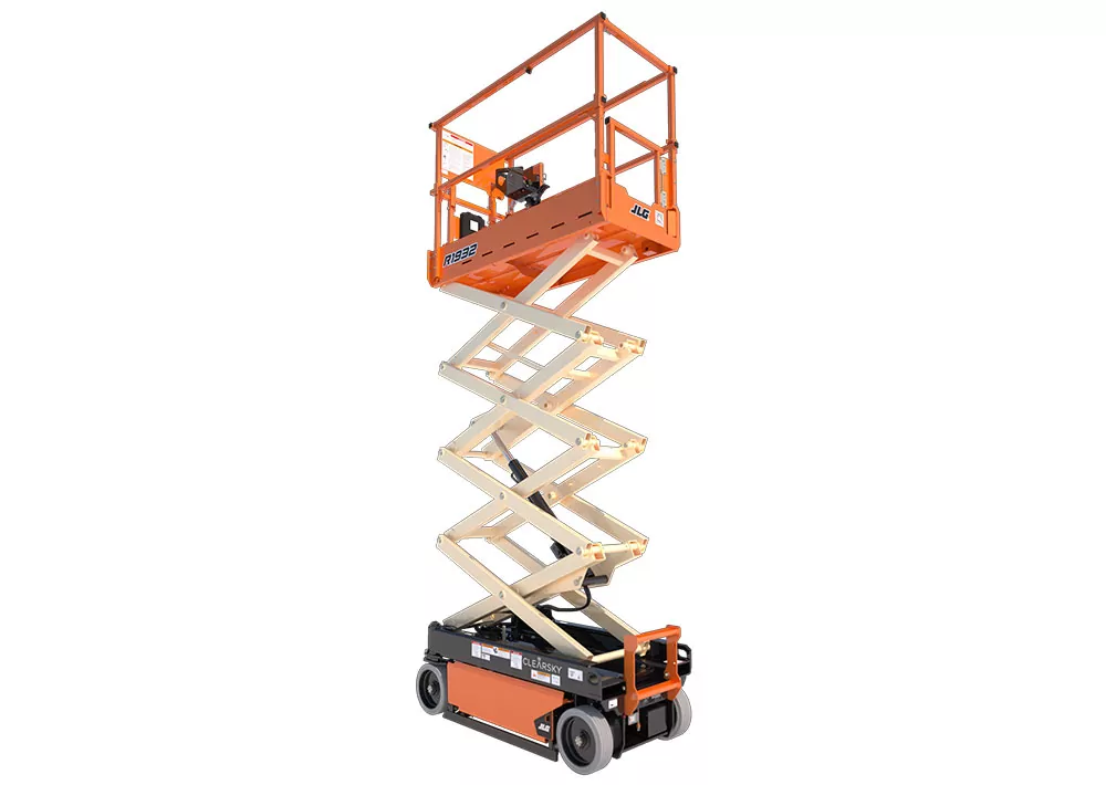 Elevated electric JLG R1932 scissor lift.