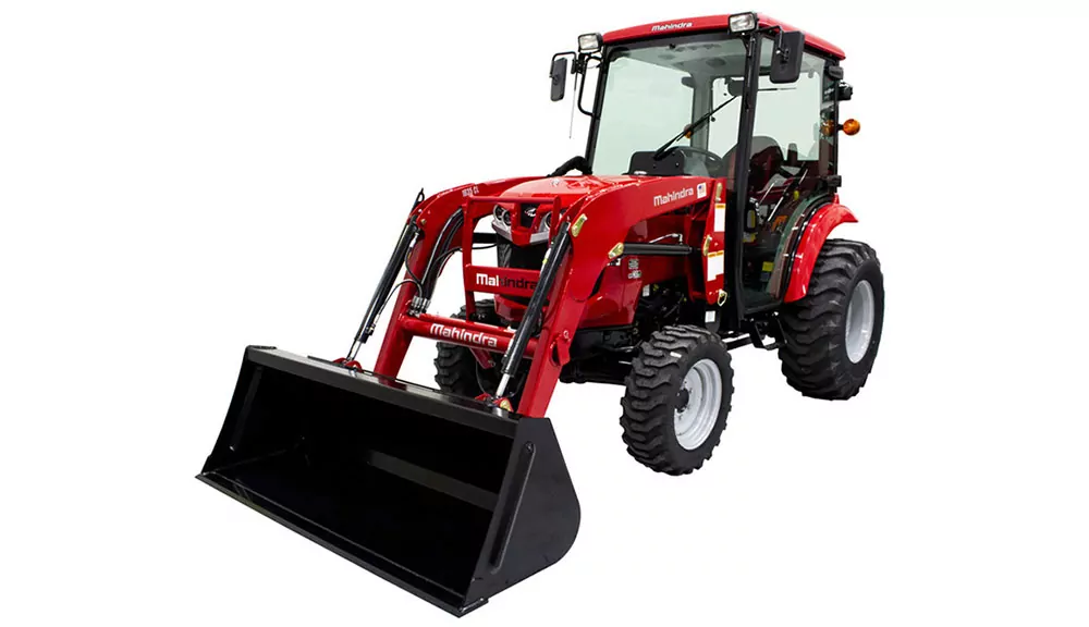 Mahindra 1635 HST tractor with cab and bucket loader attachment.