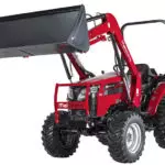 Mahindra 2638 compact utility tractor; bucket raised.