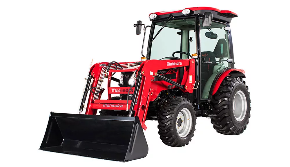Mahindra 2638 HST tractor with cab and bucket loader attachment.