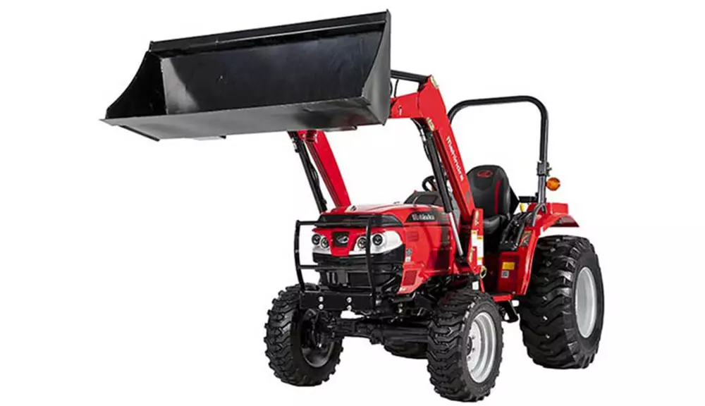 Mahindra Compact 1626 Utility Tractor, bucket raised.
