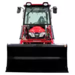 front of Mahindra eMax 20S cab tractor with bucket attachment.