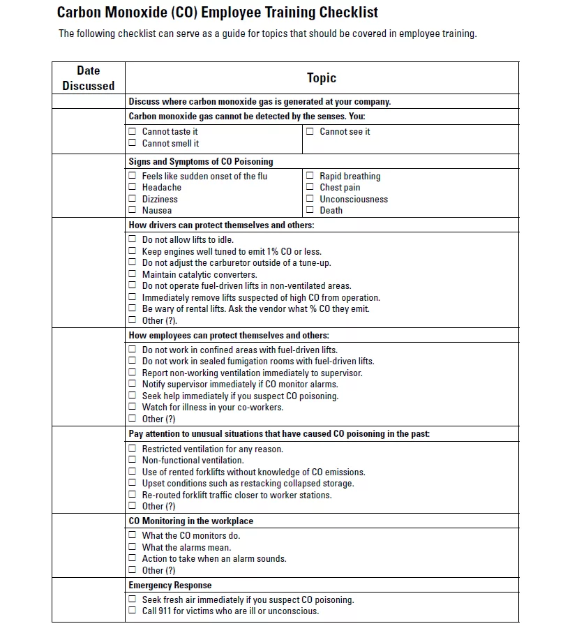carbon monoxide employee safety training checklist