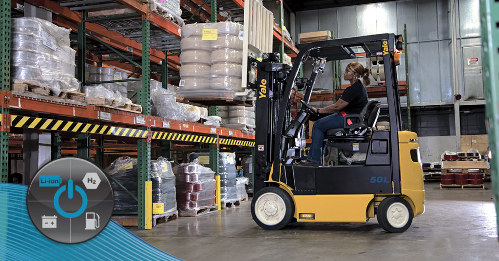 YALE forklift in warehouse lifting a pallet.