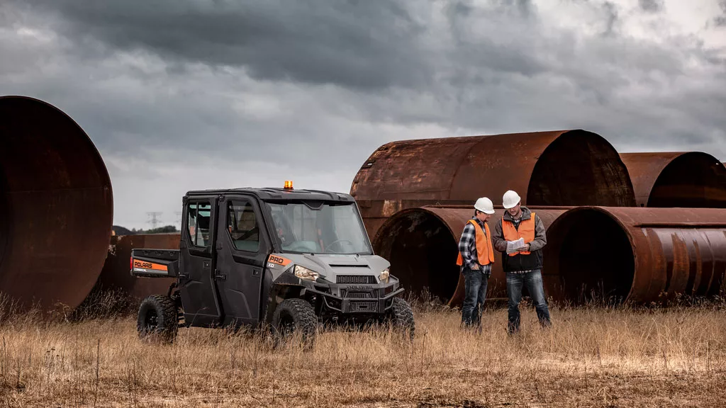 Polaris Commercial PRO XD Full-Size Diesel Crew Utility Vehicles on work site.