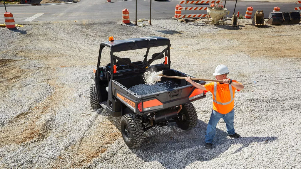 Polaris Commercial Pro XD Full-Size Gas utility vehicle in construction zone.