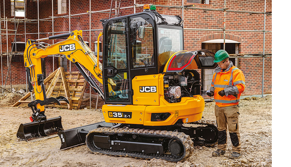 JCB 35z-1 compact excavator on construction site.