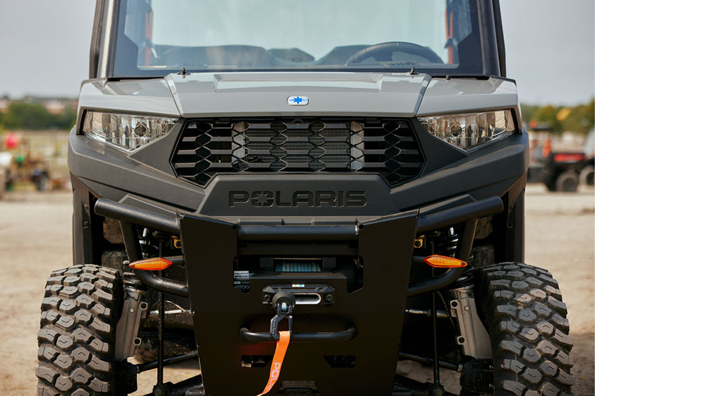 Pro XD Mid-Size Gas Crew Utility Vehicle by Polaris Commercial frontal close-up.