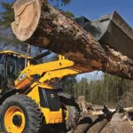 JCB 4CX-15 Super Backhoe Loader lifting large log.
