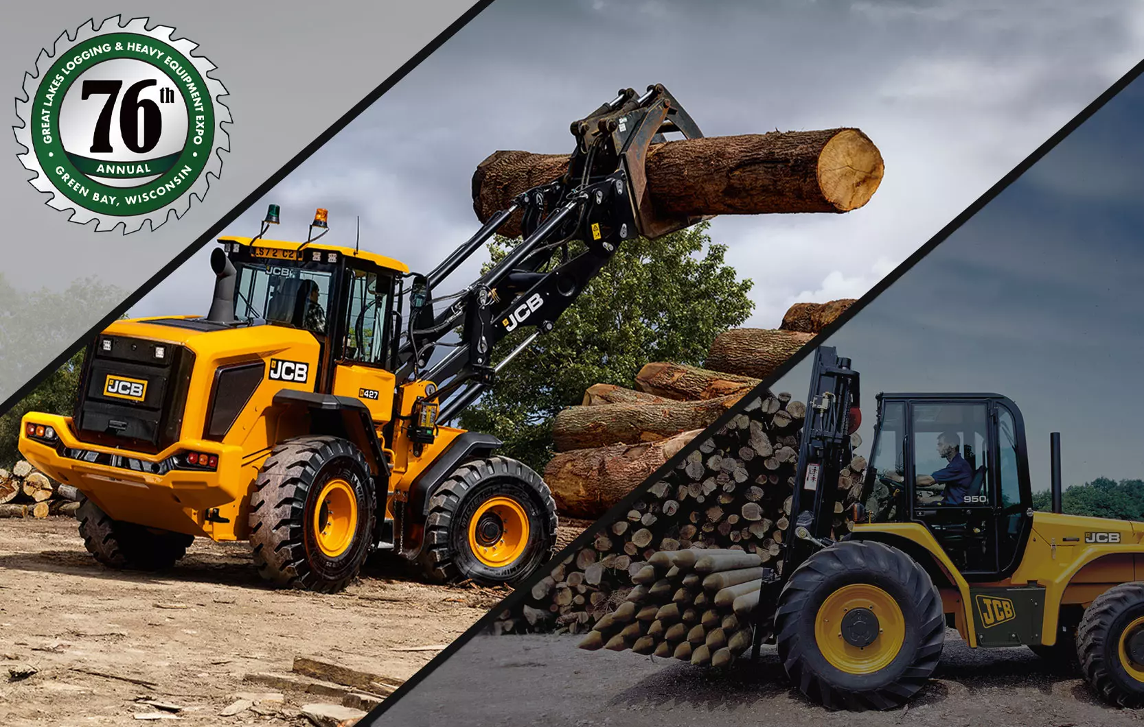 JCB 427 Wheel loader and JCB 950 rough terrain forklift transporting lumber and logs
