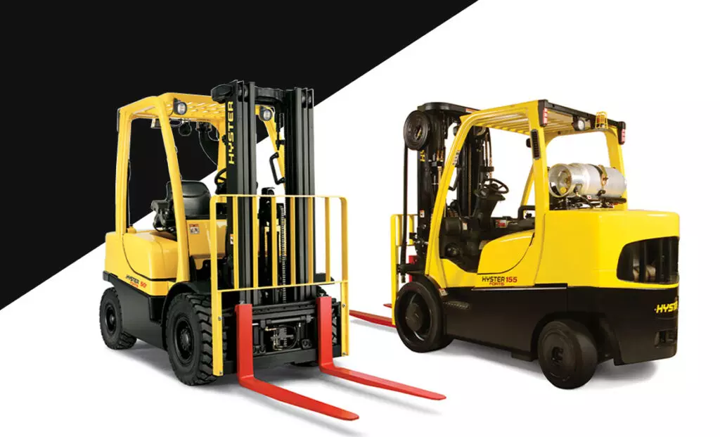 Hyster forklift with pneumatic tires and hyster forklift with cushion tires.