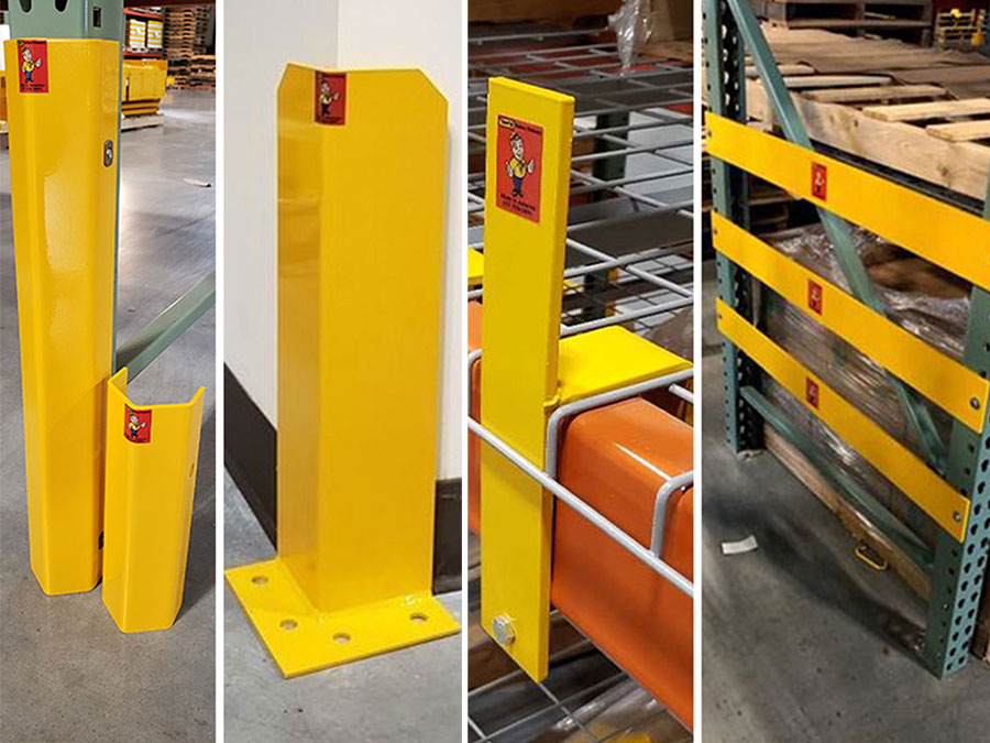 Warehouse pallet stops and rack deflectors.