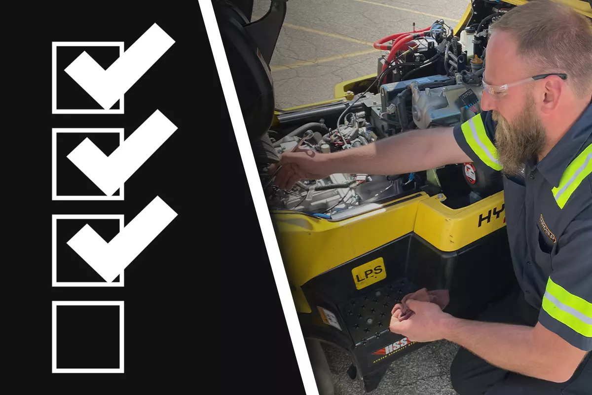 Check boxes and check marks over a Fairchild Technician servicing a Hyster forklift truck wearing PPE.