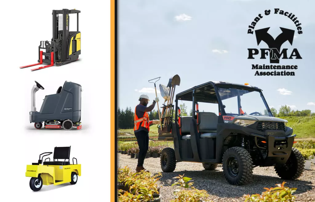 Polaris Pro XD Mid size utility vehicle in the field, Hyster Reach Truck, Advance SC5000 scrubber, and Columbia Expediter.