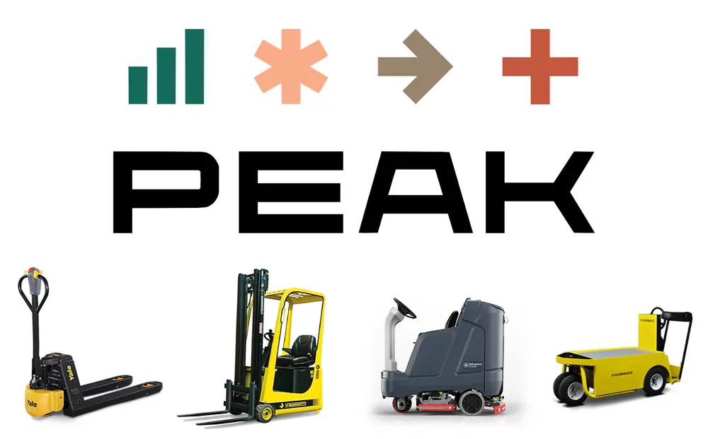 PEAK logo. Yale MPS30UX pallet truck, Mariotti ME8C Compact Forklift, Advance SC5000 ride-on scrubber, and Columbia Stockchaser.