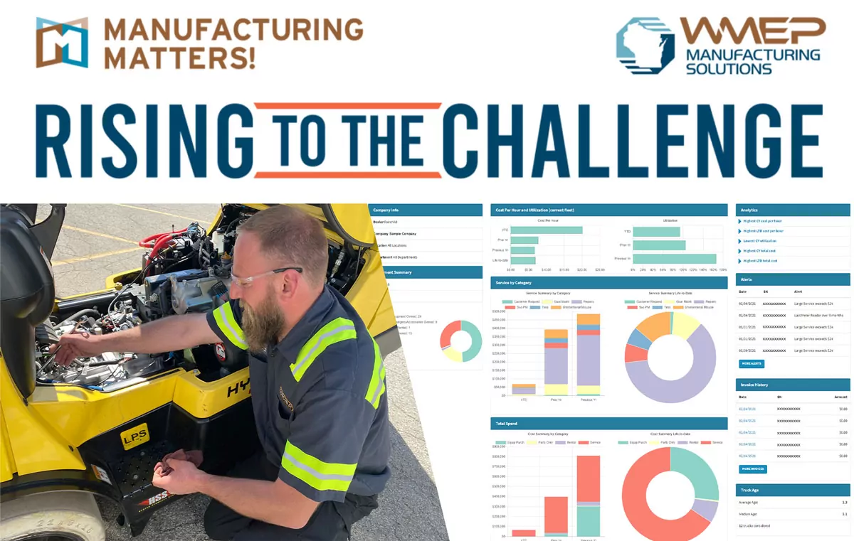 Service technician repairing Hyster Forklift, Smart Fleet data graphs, WMEP Manufacturing Solutions logo, and text "Manufacturing Matters! Rising to the Challenge"