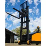 TASK Forklifts Cobra legless stacker outdoors, mast up.
