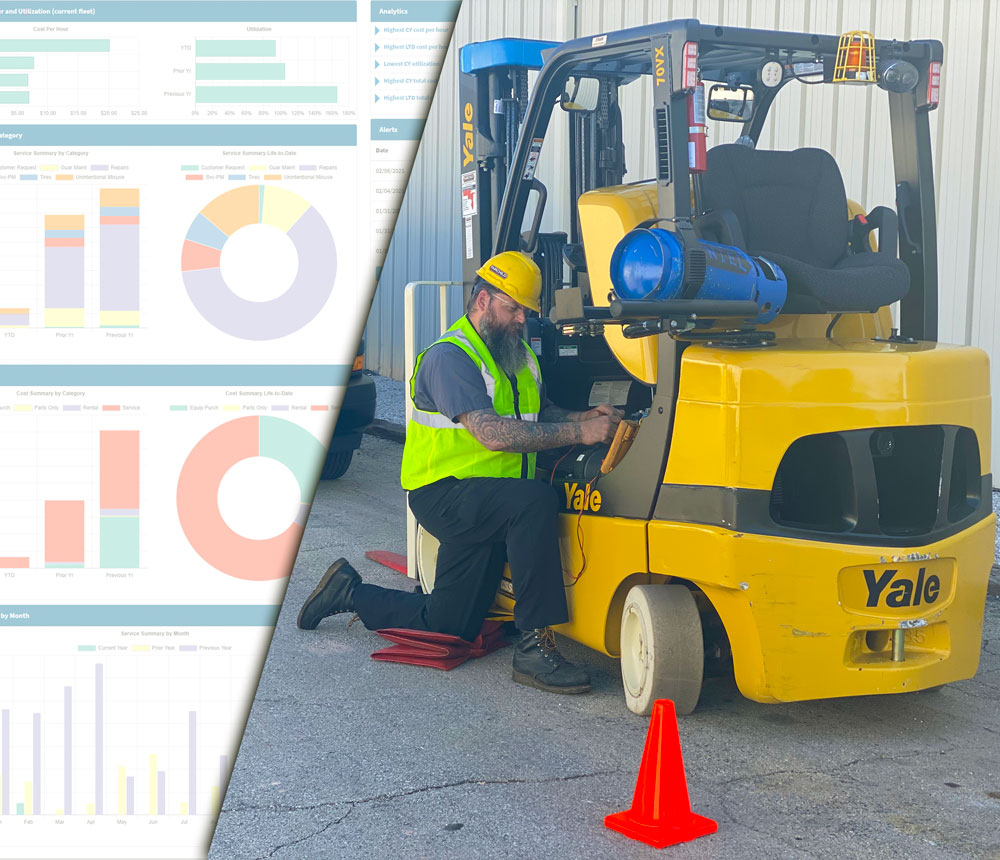 Fairchild service technician repairing Yale forklift. Smart fleet data visual.