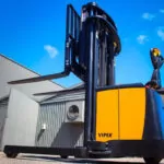 TASK forklifts Viper reach truck outdoors.