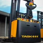 Operator area of TASK Viper reach truck, outdoors.
