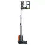 JLG E18MCL vertical mast lift lifted.