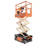Side angle of raised JLG ES1330L electric scissor lift.