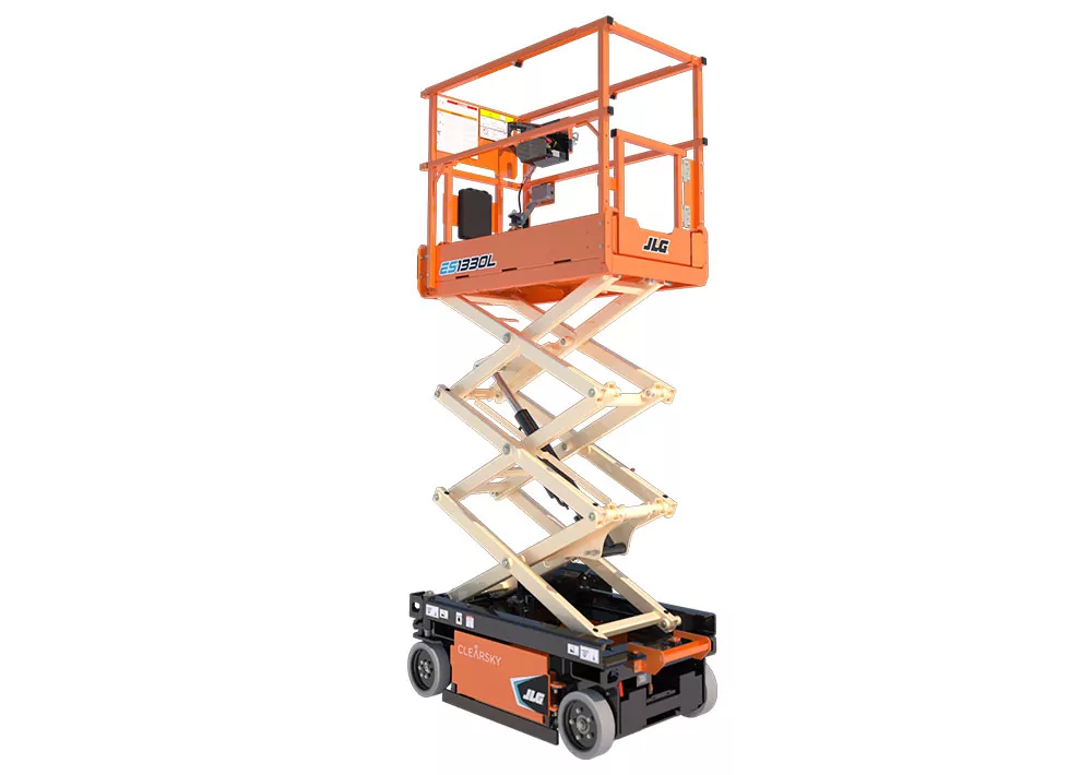 Side angle of raised JLG ES1330L electric scissor lift.