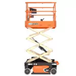 Raised JLG ES1330L electric scissor lift.