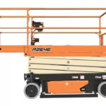 JLG R2646 stowed electric scissor lift with extended platform.
