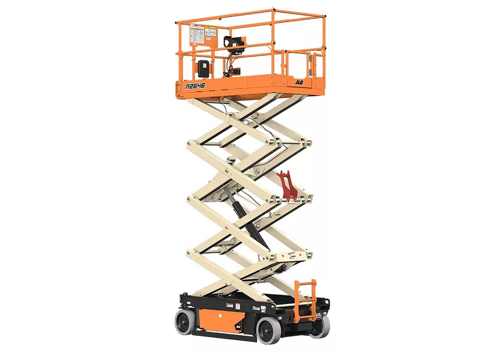 Raised JLG R2646 electric scissor lift.