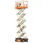 Side angle of raised JLG R3246 electric scissor lift.