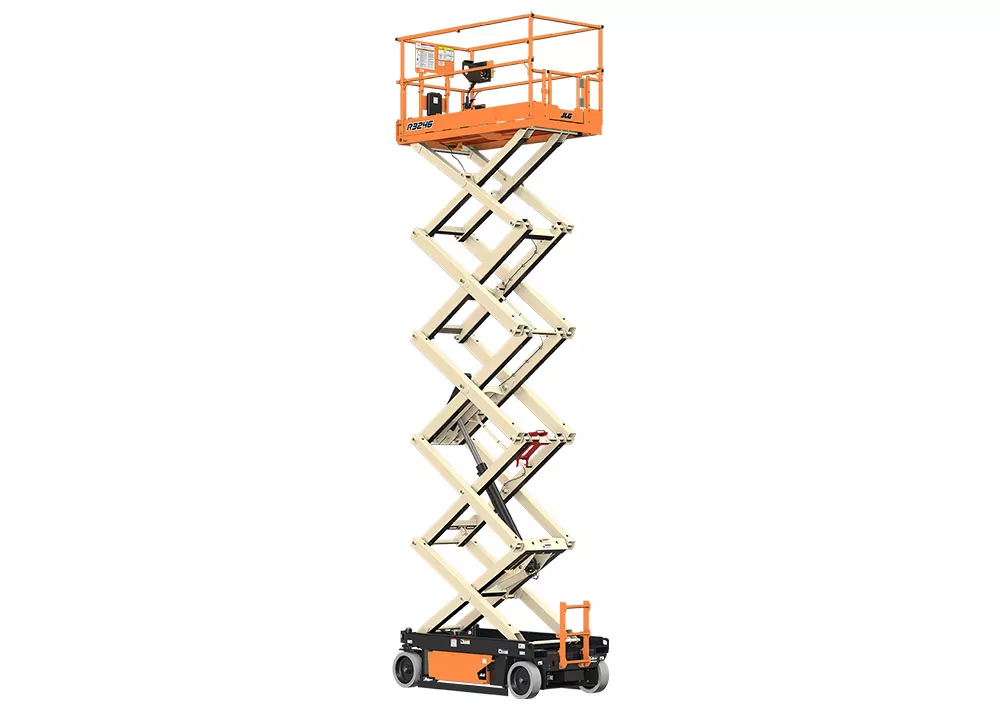 Side angle of raised JLG R3246 electric scissor lift.