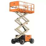 Raised JLG RT2669 rough terrain scissor lift.